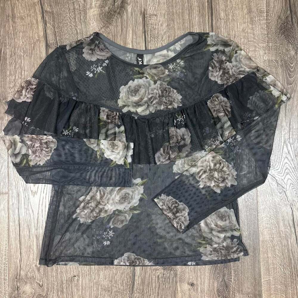 KF Sheer Long Sleeve Top Size EG Gray Floral Mesh Whimsy Goth Blouse